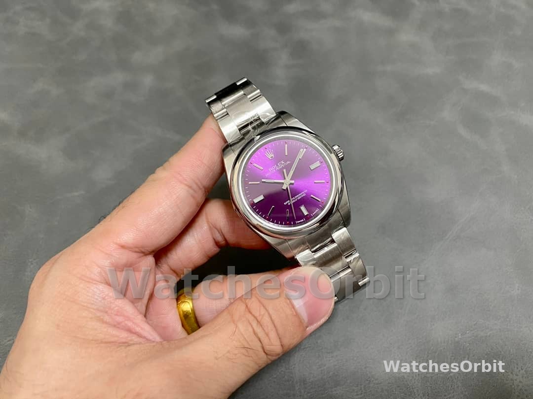 Rolex Oyster Perpetual Air-King 114200 Grape Red Index Dial 34mm Unisex Replica watch