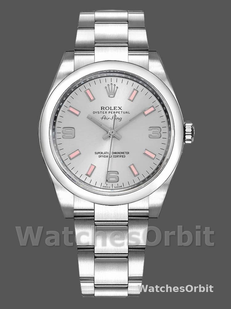 Rolex Oyster Perpetual Air-King 114200 Silver Dial Pink Baton 34mm Unisex replica watch