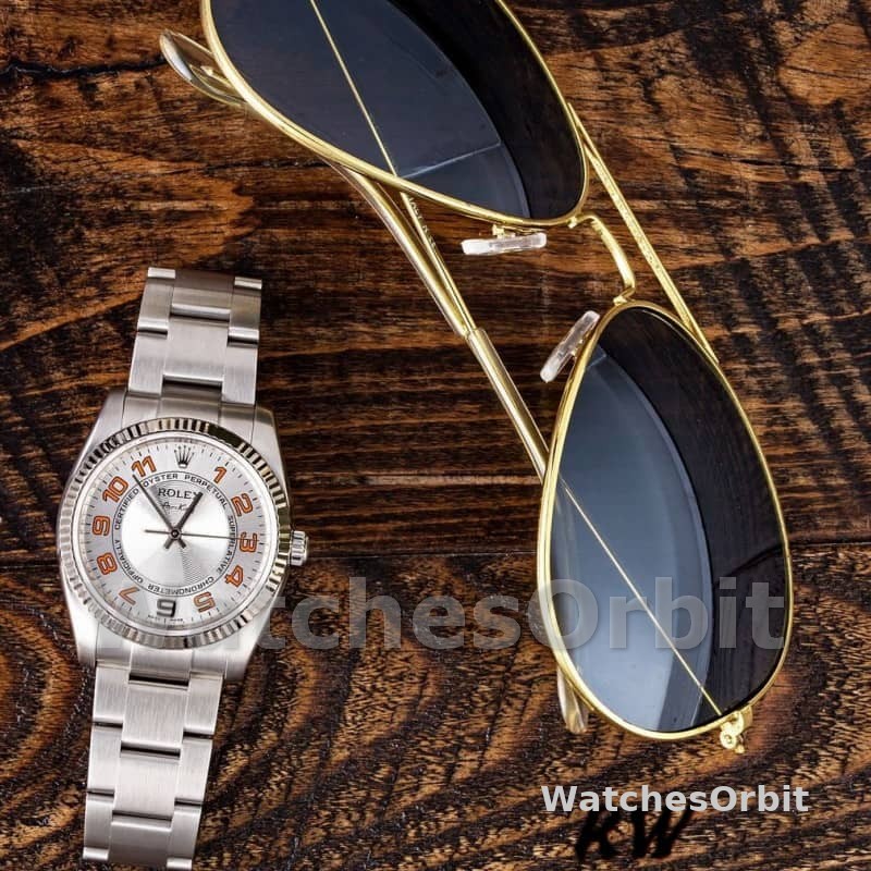 Rolex Oyster Perpetual Air-King 114234 Silver Orange Arabic Dial 34mm Unisex Replica Watch