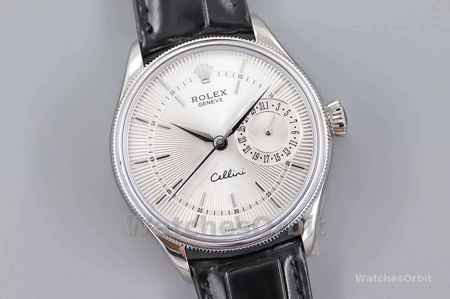 Rolex Cellini Date 50519 Black Leather Silver Dial 39mm Mens Replica Watch