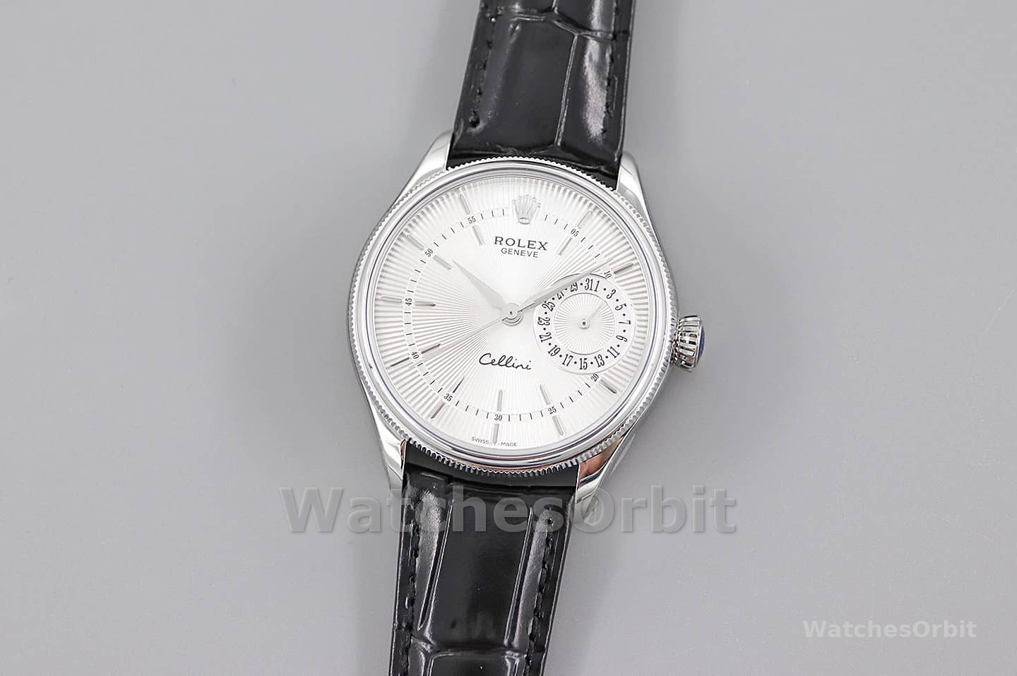 Rolex Cellini Date 50519 Black Leather Silver Dial 39mm Mens Replica Watch