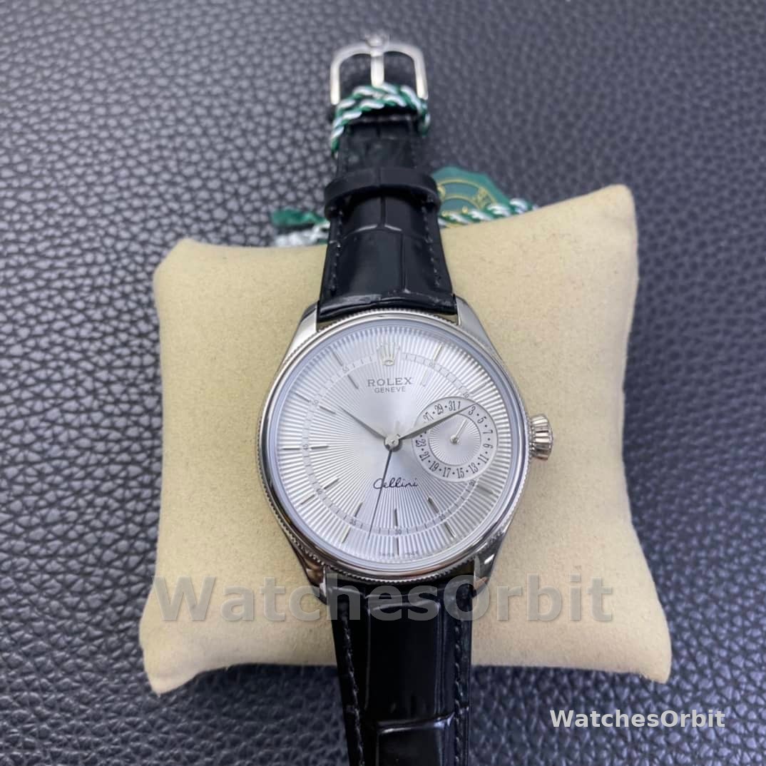 Rolex Cellini Date 50519 Black Leather Silver Dial 39mm Mens Replica Watch