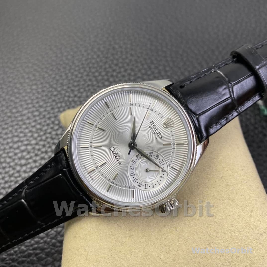 Rolex Cellini Date 50519 Black Leather Silver Dial 39mm Mens Replica Watch