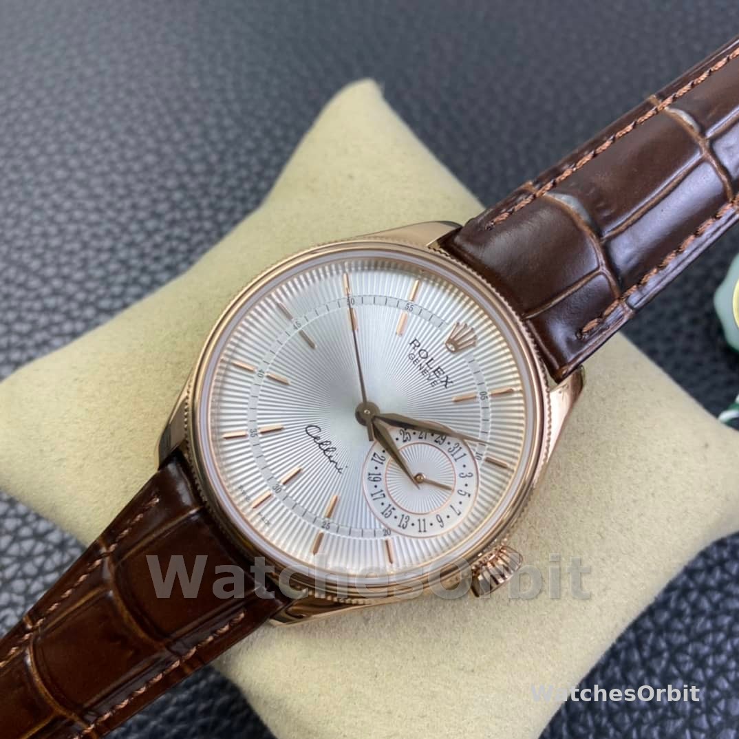 Rolex Cellini Date Rose Gold Silver Crocodile Leather Strap 50515 39mm Mens Replica Watch