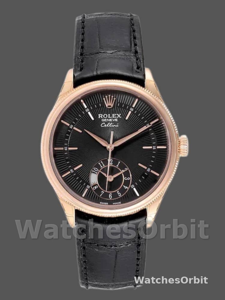Rolex Cellini Dual Time 50525 Black Dial Black Leather Strap 39mm Mens Replica Watch