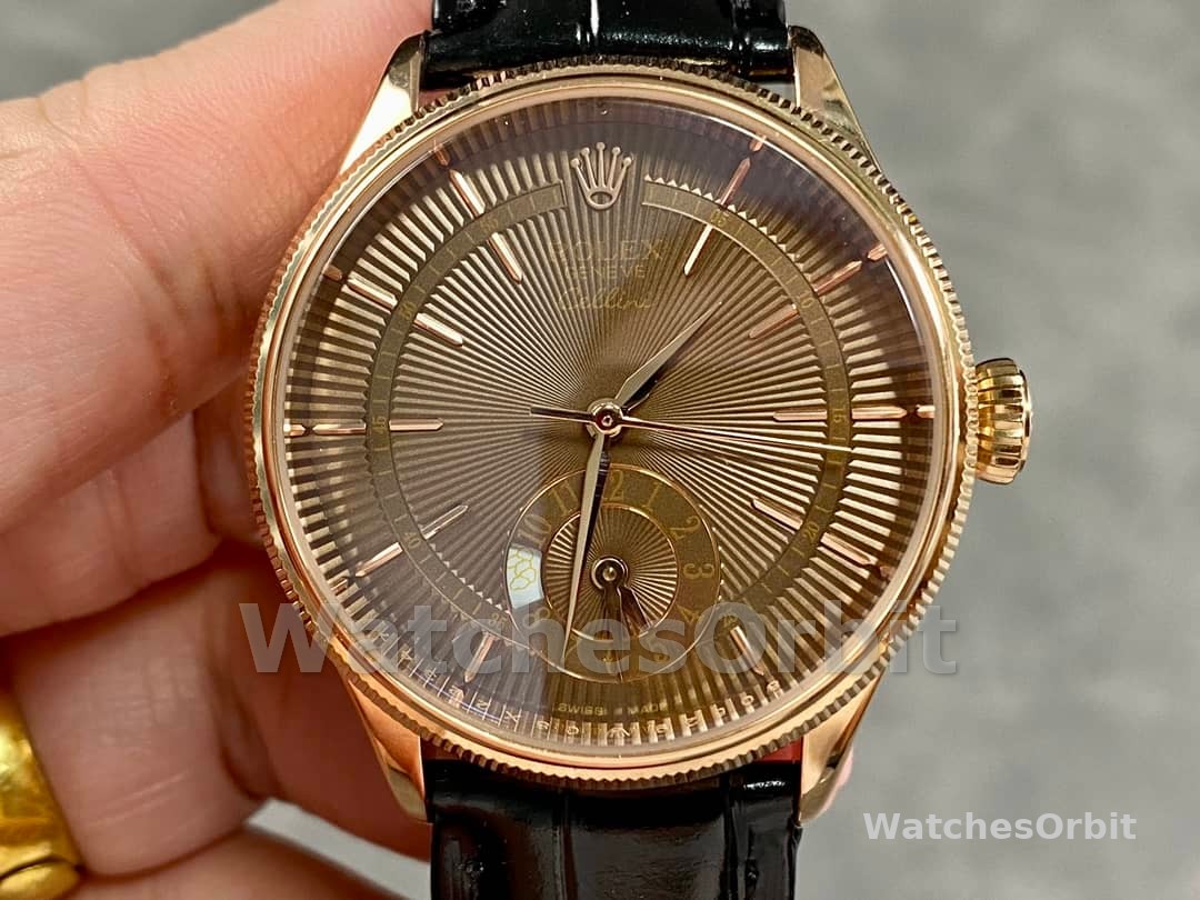 Rolex Cellini Dual Time 50525 Brown Guilloche Dial Black Leather Strap 39mm Mens Replica Watch