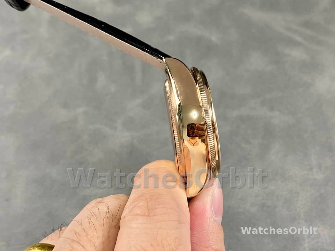 Rolex Cellini Dual Time 50525 Brown Guilloche Dial Black Leather Strap 39mm Mens Replica Watch