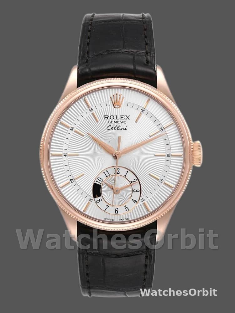 Rolex Cellini Dual Time 50525 Silver Dial Black Leather Strap 39mm Mens Replica Watch