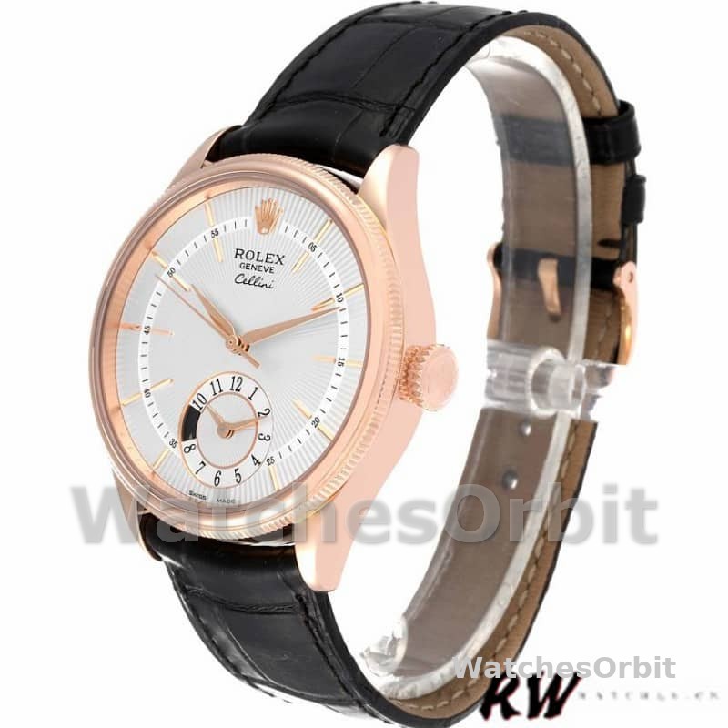 Rolex Cellini Dual Time 50525 Silver Dial Black Leather Strap 39mm Mens Replica Watch