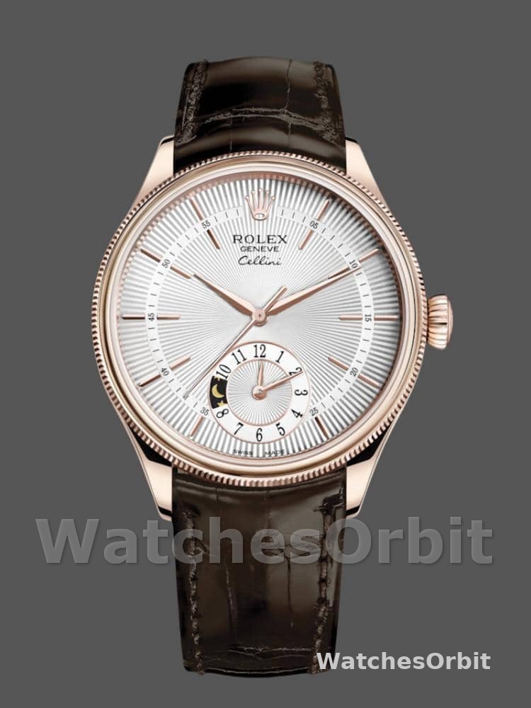 Rolex Cellini Dual Time 50525 Silver Dial Brown Leather Strap 39mm Mens Replica Watch