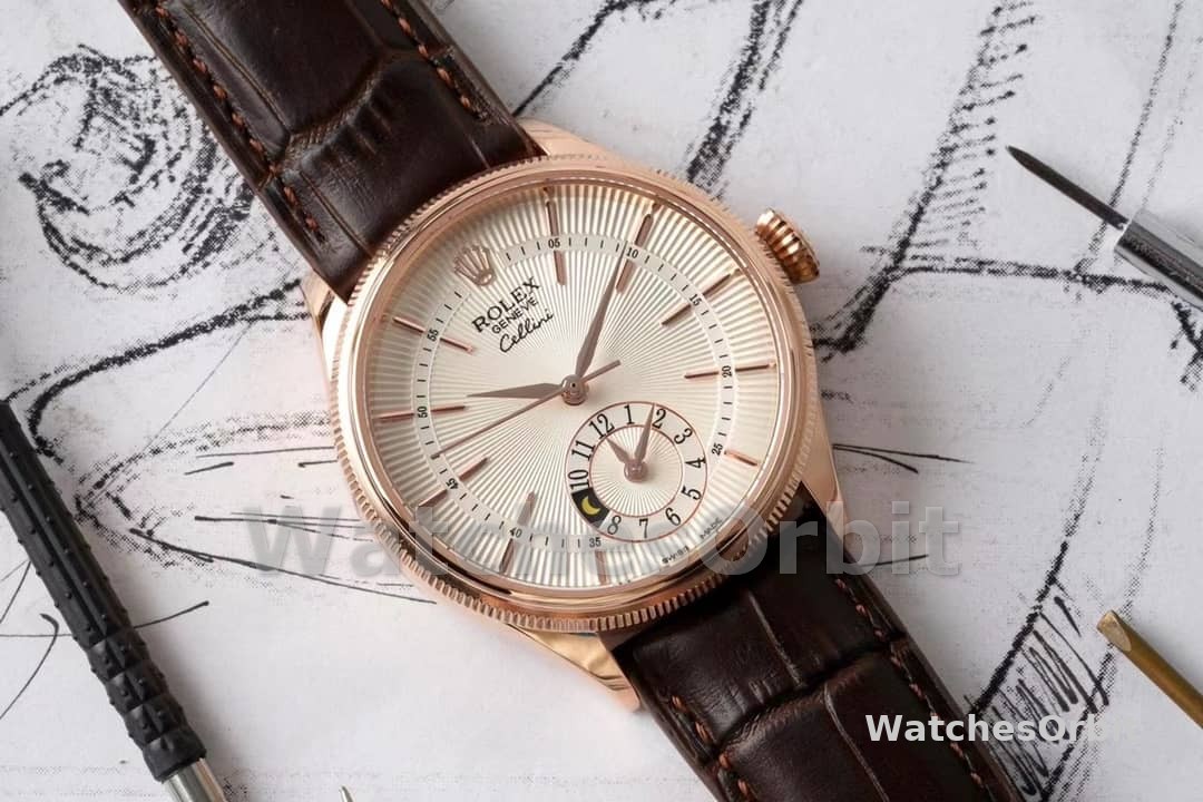 Rolex Cellini Dual Time 50525 Silver Dial Brown Leather Strap 39mm Mens Replica Watch