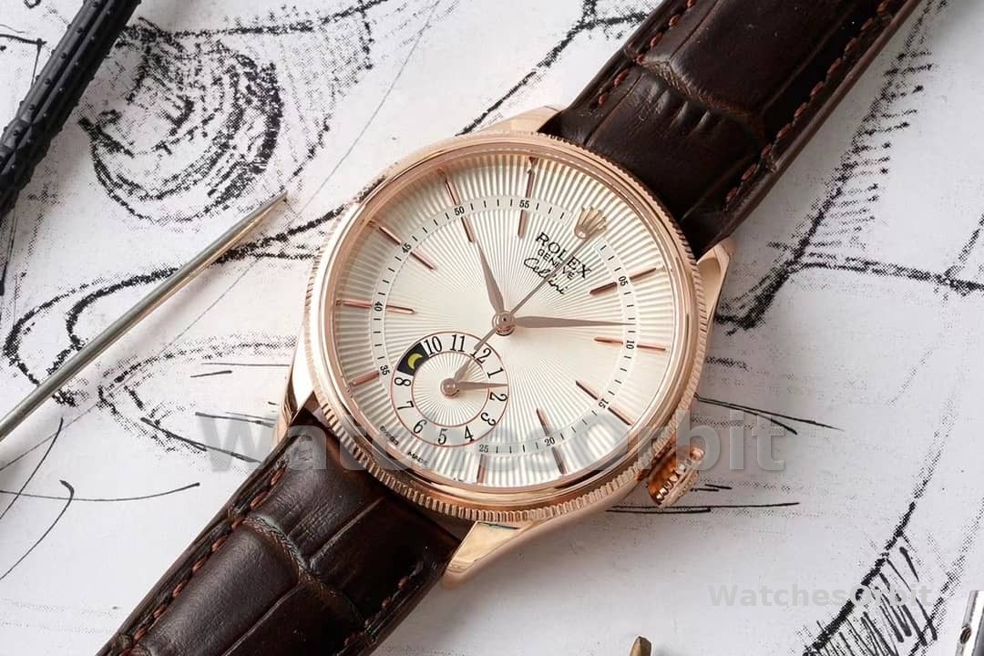 Rolex Cellini Dual Time 50525 Silver Dial Brown Leather Strap 39mm Mens Replica Watch