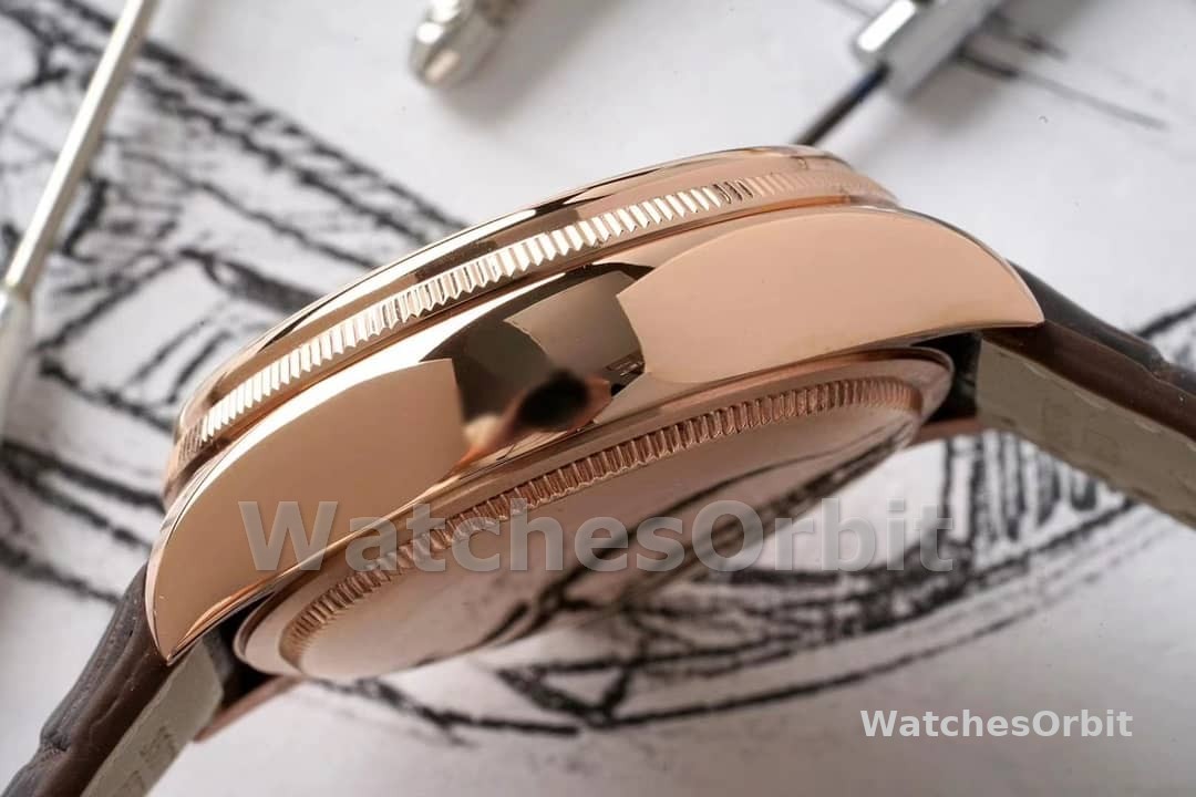 Rolex Cellini Dual Time 50525 Silver Dial Brown Leather Strap 39mm Mens Replica Watch