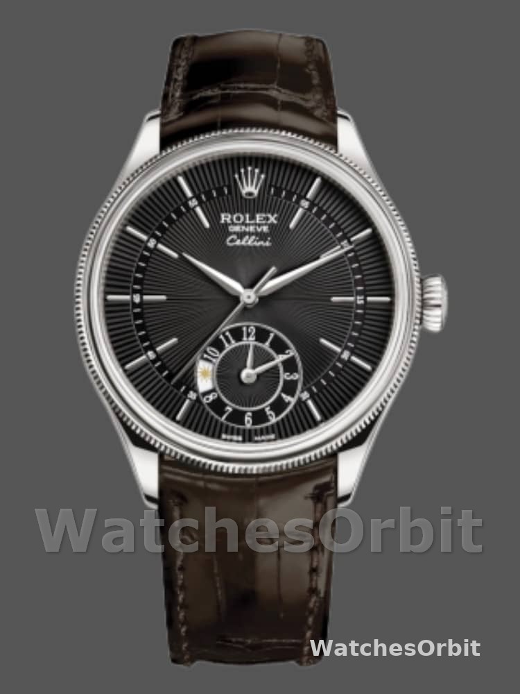 Rolex Cellini Dual Time 50529 Black Dial Brown Leather Strap 39mm Mens Replica Watch