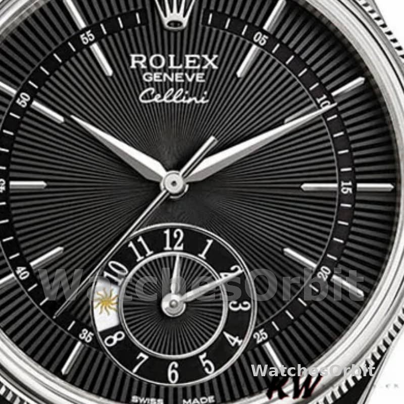 Rolex Cellini Dual Time 50529 Black Dial Brown Leather Strap 39mm Mens Replica Watch