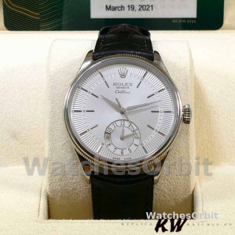 Rolex Cellini Dual Time 50529 Silver Dial 39mm Mens Replica Watch