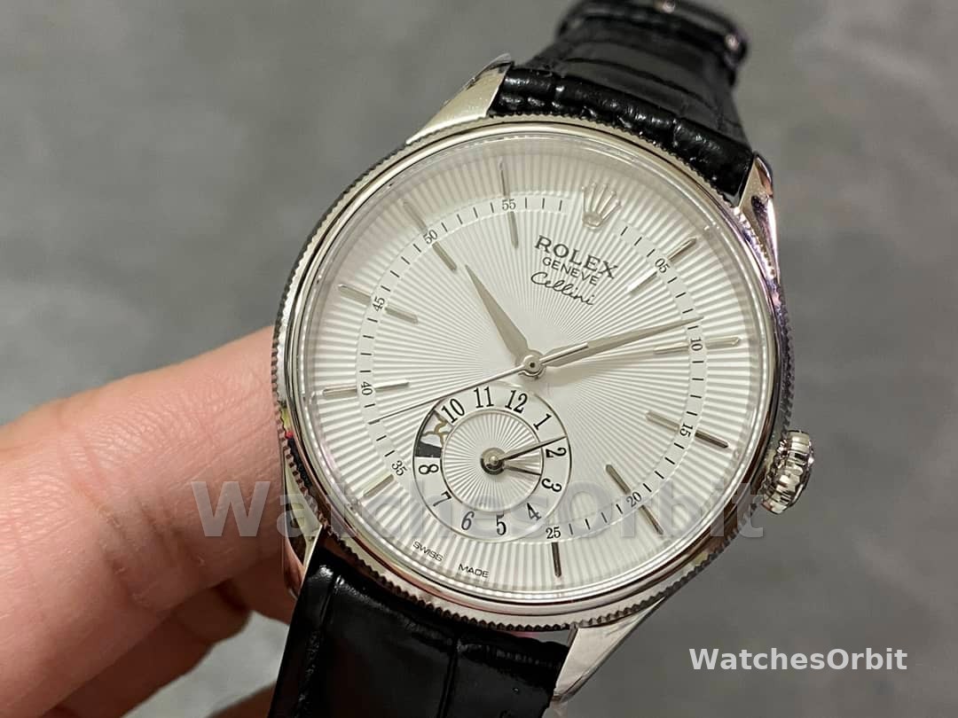 Rolex Cellini Dual Time 50529 Silver Sunburst Dial Black Leather Strap 39mm Mens Replica Watch
