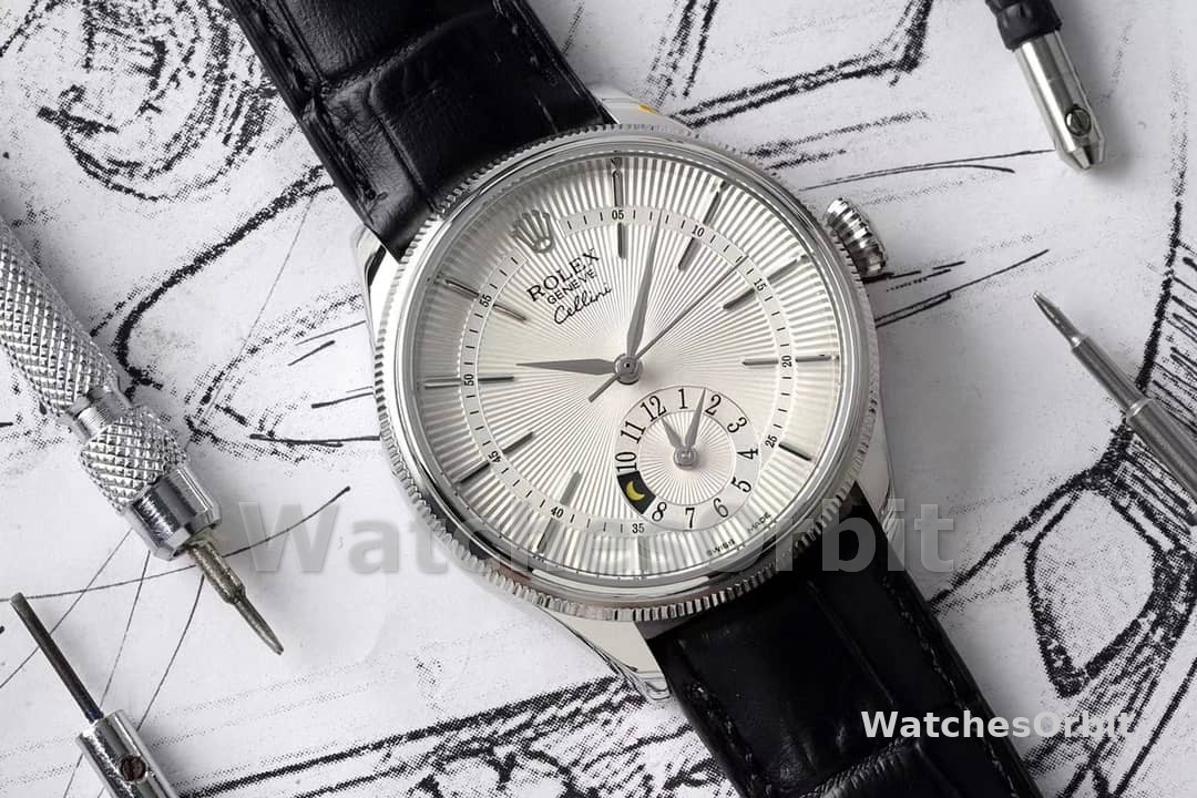Rolex Cellini Dual Time 50529 Silver Sunburst Dial Brown Leather Strap 39mm Mens Replica Watch