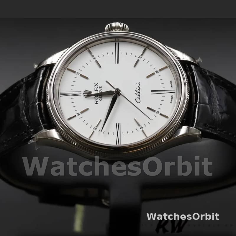 Rolex Cellini Time 50509 Black Leather Strap White Dial 39mm Mens Replica Watch