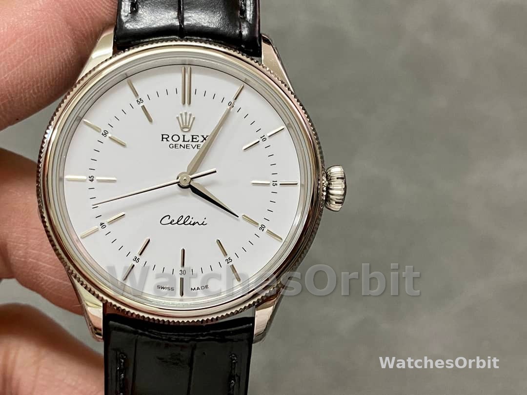 Rolex Cellini Time 50509 Black Leather Strap White Dial 39mm Mens Replica Watch