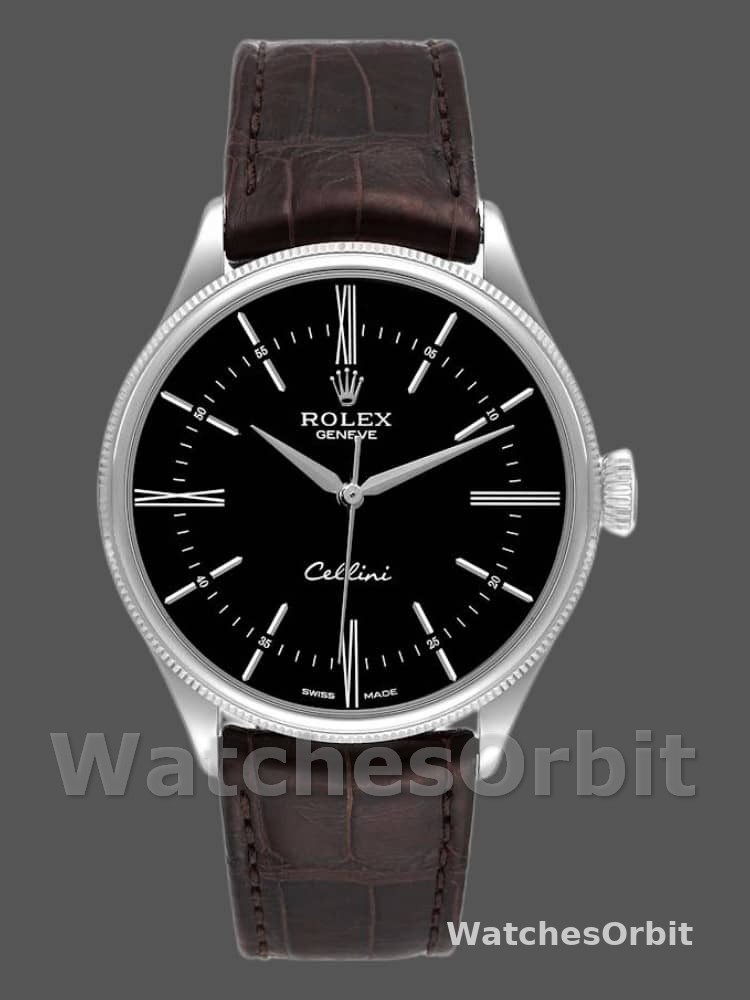 Rolex Cellini Time 50509 Brown Leather Strap Black Dial 39mm Mens Replica Watch
