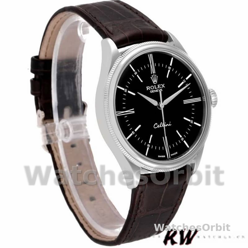Rolex Cellini Time 50509 Brown Leather Strap Black Dial 39mm Mens Replica Watch