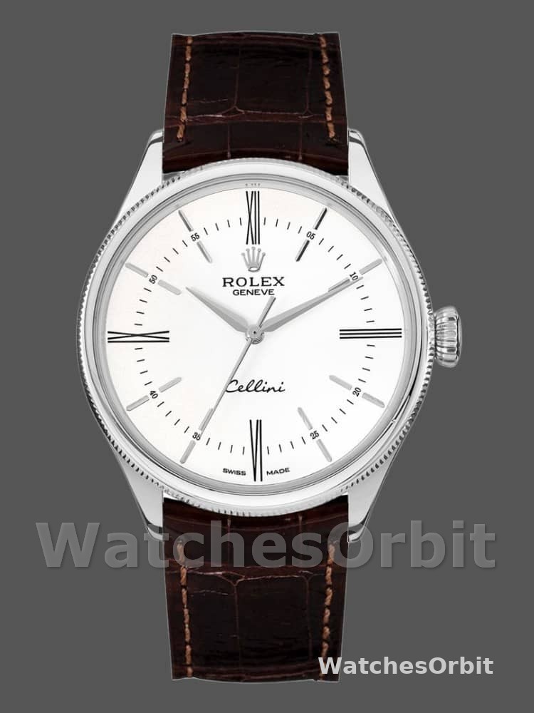 Rolex Cellini Time 50509 Brown Leather Strap White Dial 39mm Mens Replica Watch