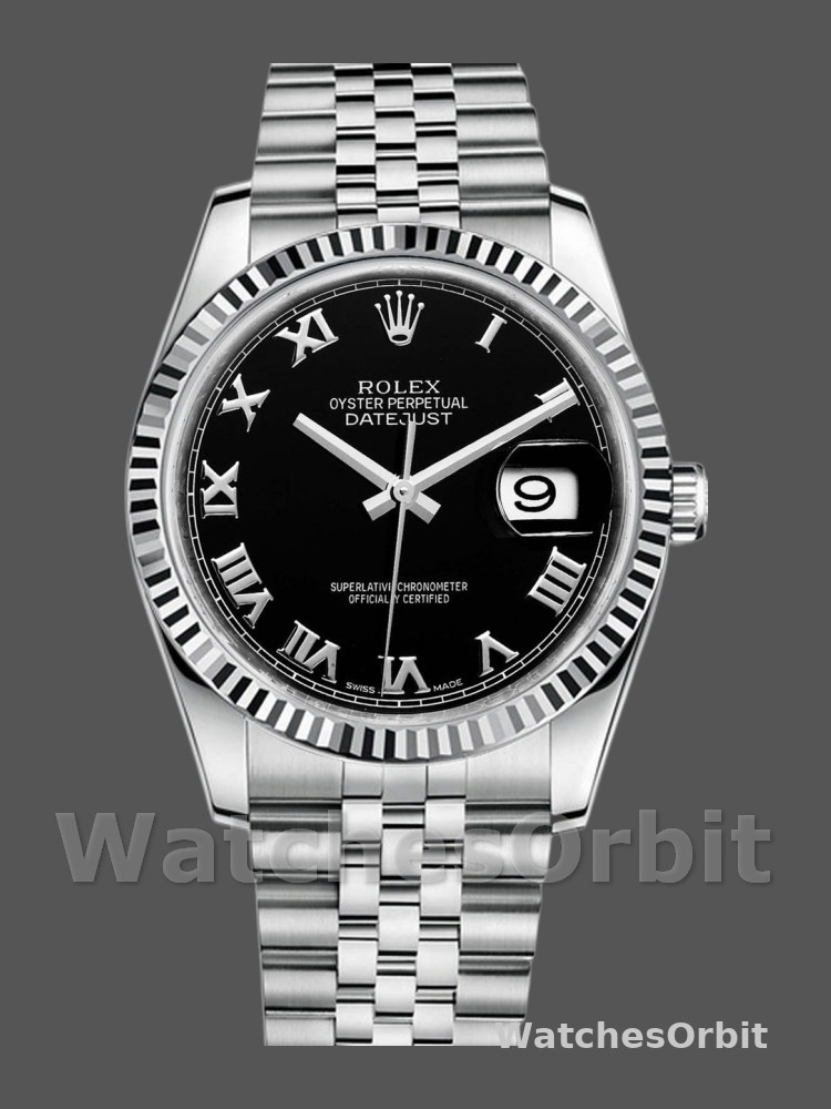 Rolex Datejust 116234 Stainless Steel Fluted Bezel Black Roman Dial 36mm Mens Replica Watch