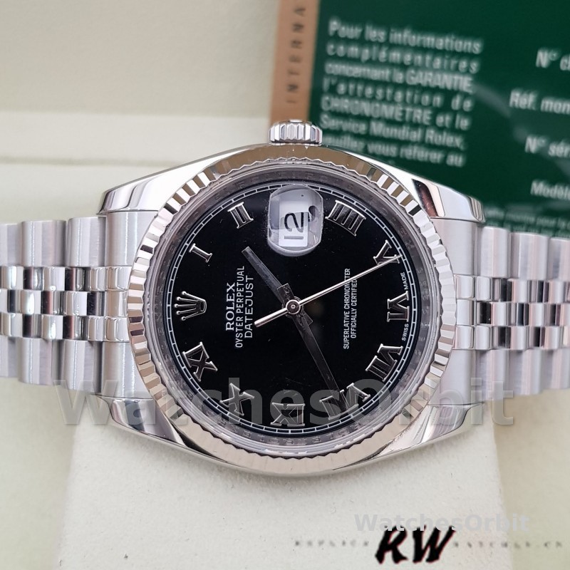 Rolex Datejust 116234 Stainless Steel Fluted Bezel Black Roman Dial 36mm Mens Replica Watch