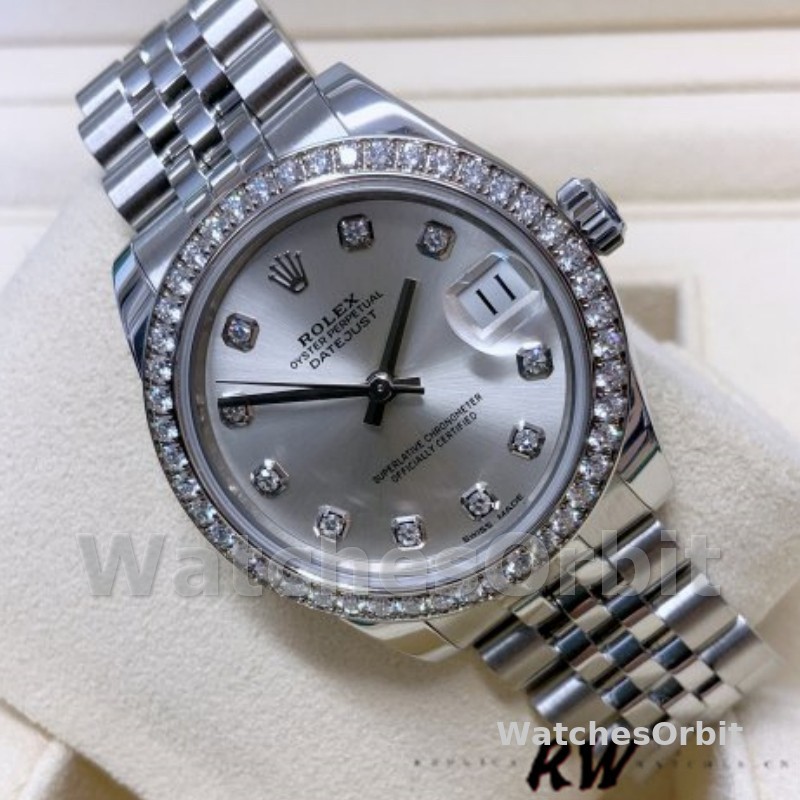 Rolex Datejust 178384 Silver Diamonds Dial Diamond Bezel 31MM Lady Replica Watch