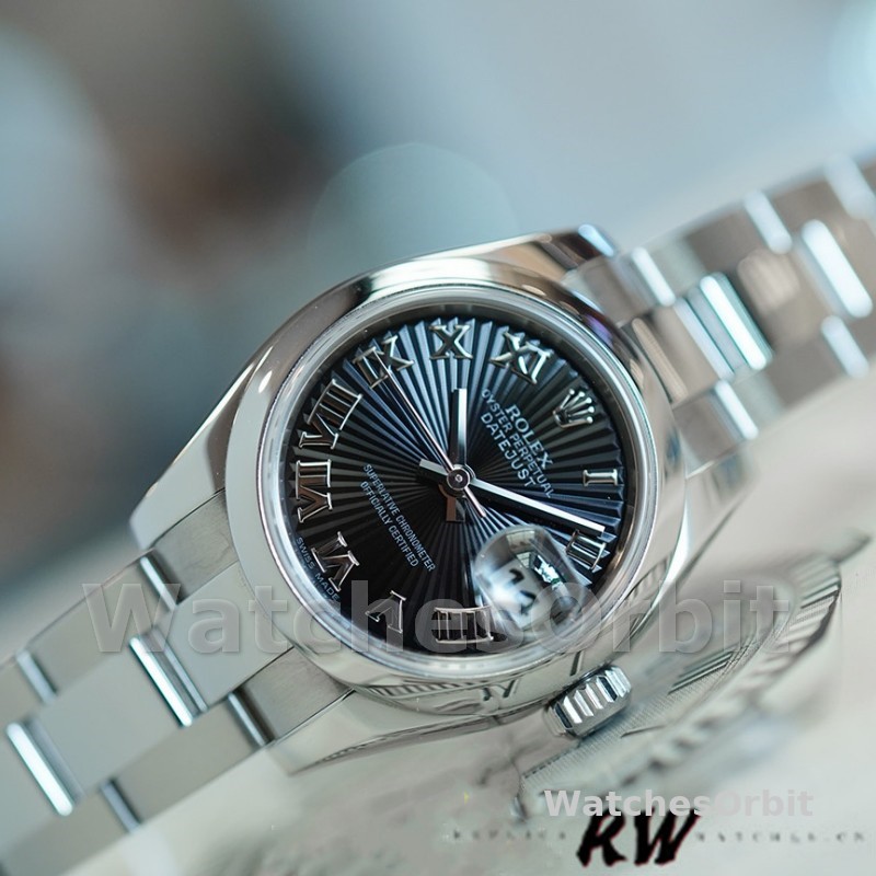 Rolex Datejust 179160 Oyster Bracelet Sunbeam Black Roman Dial 26MM Lady Replica Watch