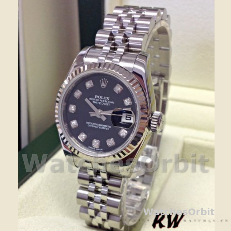Rolex Datejust 179174 Black Diamond Dial Fluted Bezel 26MM Lady Replica Watch