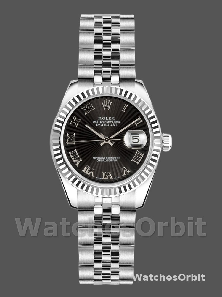Rolex Datejust 179174 Sunbeam Black Roman Dial Fluted Bezel 26MM Lady Replica Watch