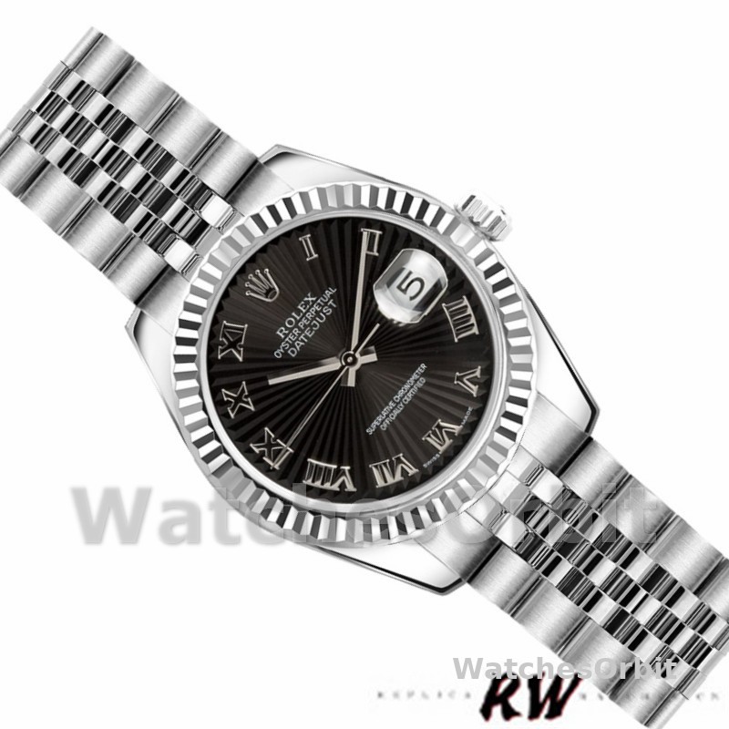 Rolex Datejust 179174 Sunbeam Black Roman Dial Fluted Bezel 26MM Lady Replica Watch