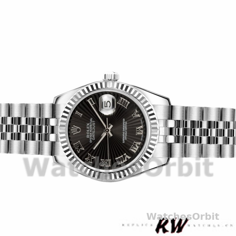 Rolex Datejust 179174 Sunbeam Black Roman Dial Fluted Bezel 26MM Lady Replica Watch