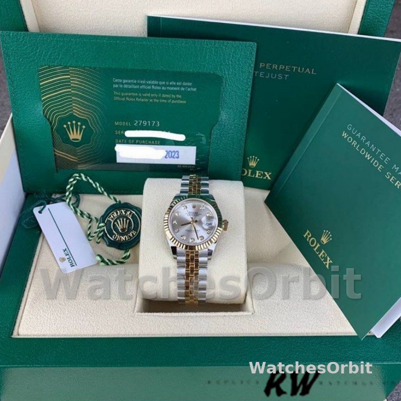 Rolex Datejust 279173 Silver Diamond Dial Fluted Bezel 28mm Lady Replica Watch