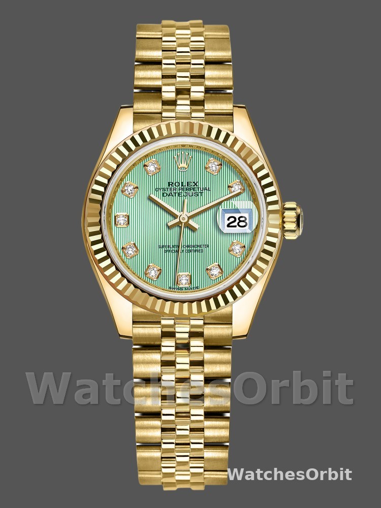 Rolex Datejust 279178 Mint Green Diamond Dial Yellow Gold 28mm Lady Replica Watch