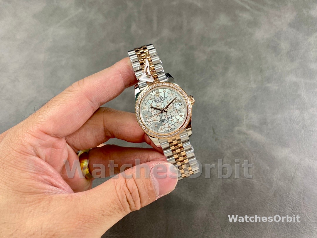 Rolex Datejust 31 Rose Gold Silver Floral Motif Diamond Dial Diamond Bezel m278381rbr 0032