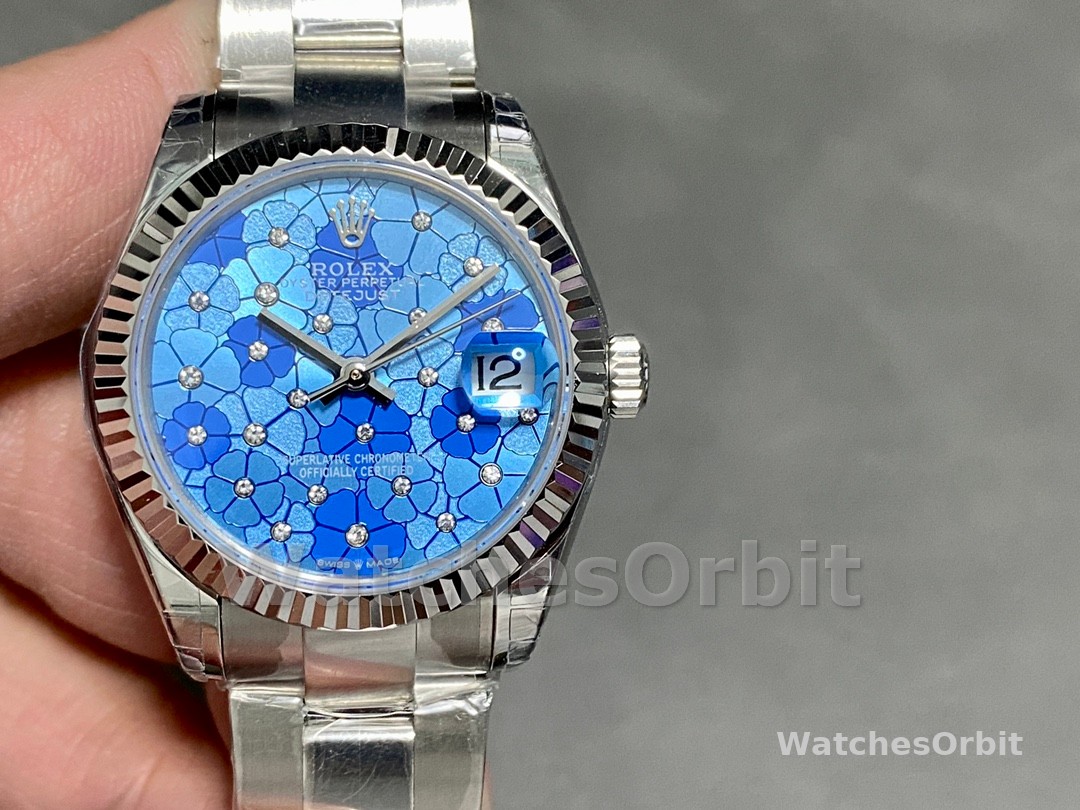 Rolex Datejust 31 Stainless Steel and White Gold Azzuro-Blue-Floral-Motif Diamond Dial m278274-0035