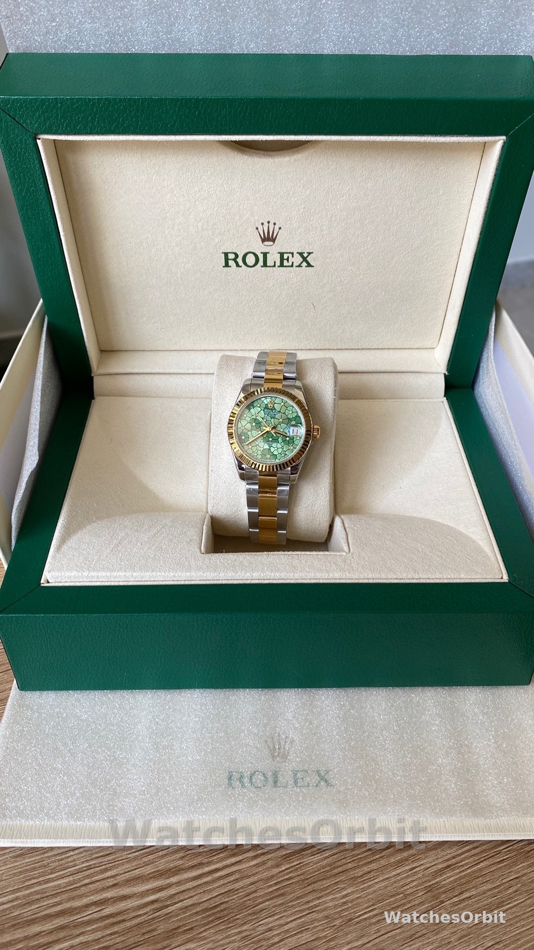 Rolex Datejust 31 Yellow Gold Olive Green Floral Motif Diamond Dial m278273 0031
