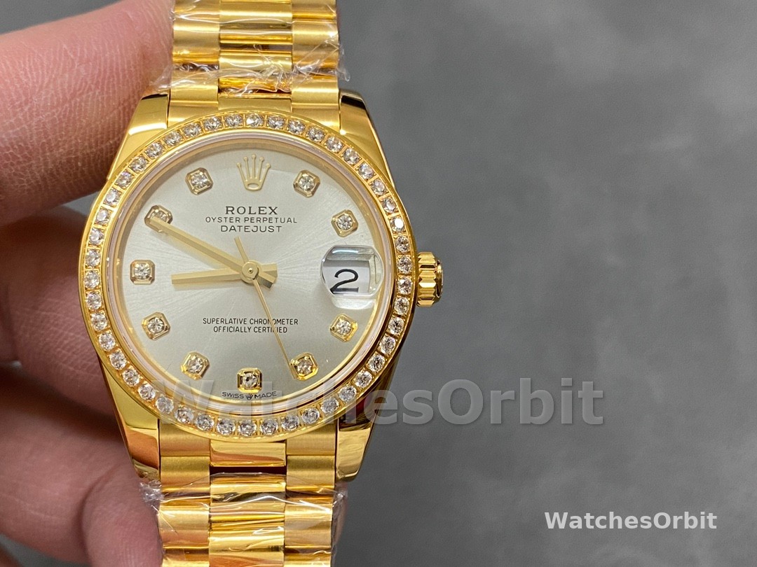Rolex Datejust 31 Yellow Gold Silver Diamond Dial Diamond Bezel M278288RBR 0028 Women's Watch
