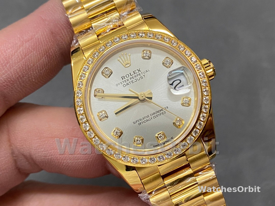 Rolex Datejust 31 Yellow Gold Silver Diamond Dial Diamond Bezel M278288RBR 0028 Women's Watch