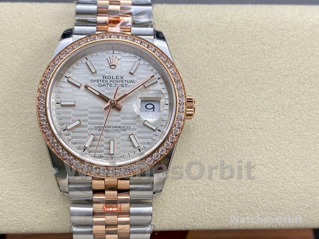 Rolex Datejust 36 Steel & Everose Gold Silver Fluted-Motif Dial Diamond Bezel M126281RBR 0021 Women's Watch
