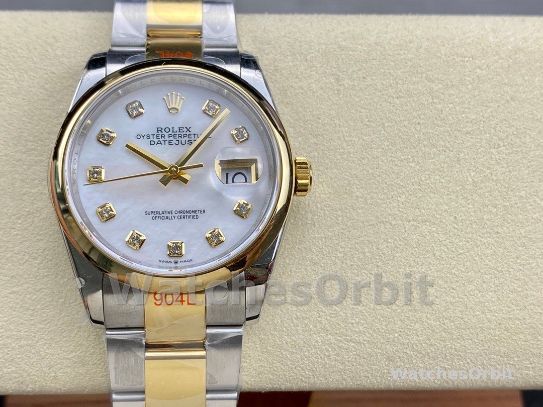 Rolex Datejust 36 Steel & Yellow Gold Mother of Pearl Diamond Dial M126203 0024 Women's Watch