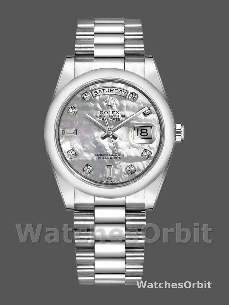 Rolex Day-Date 118206 Platinum White Mother of Pearl Diamond Dial 36mm Unisex Replica Watch