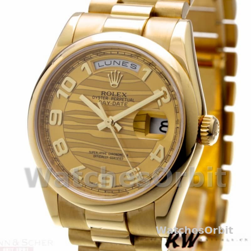 Rolex Day-Date 118208 Arabic Numeral Wave Champagne Dial 36mm Unisex Replica Watch