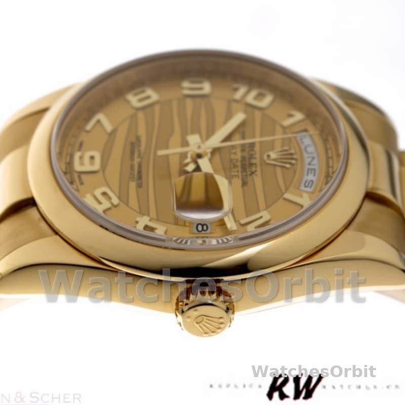 Rolex Day-Date 118208 Arabic Numeral Wave Champagne Dial 36mm Unisex Replica Watch
