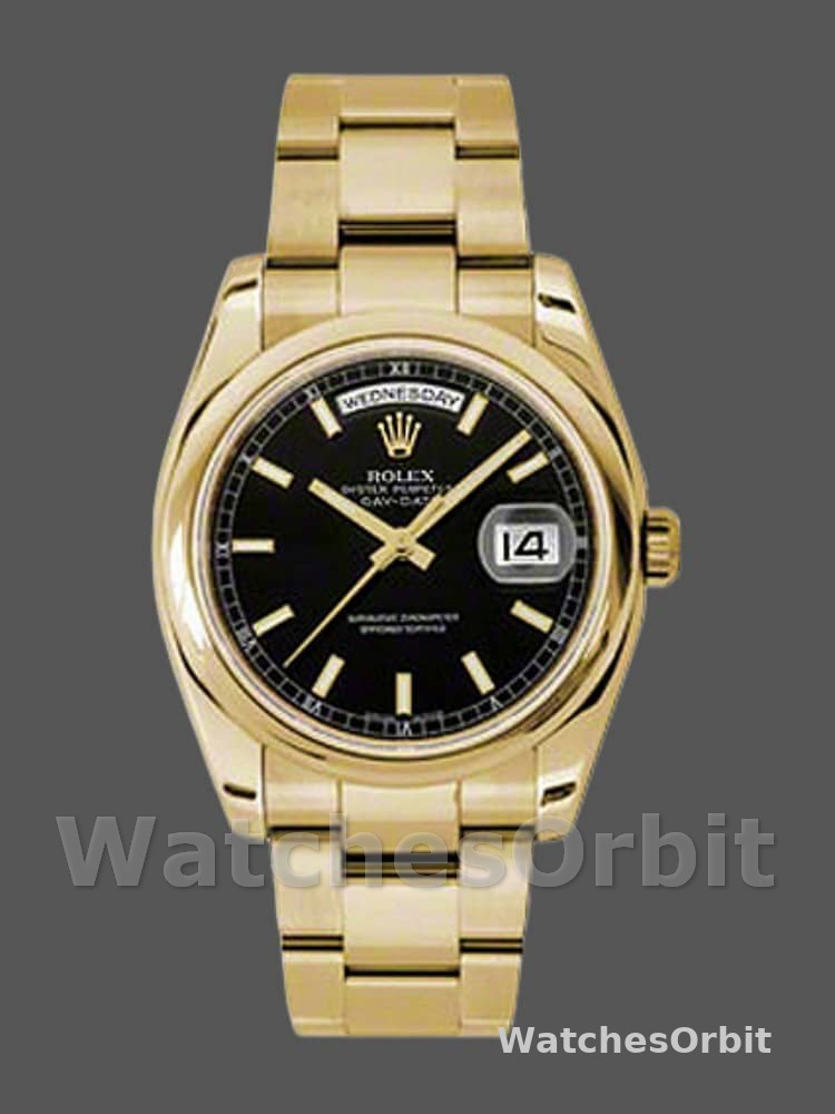 Rolex Day-Date 118208 Black Arab Dial Yellow Gold 36mm Unisex Replica Watch