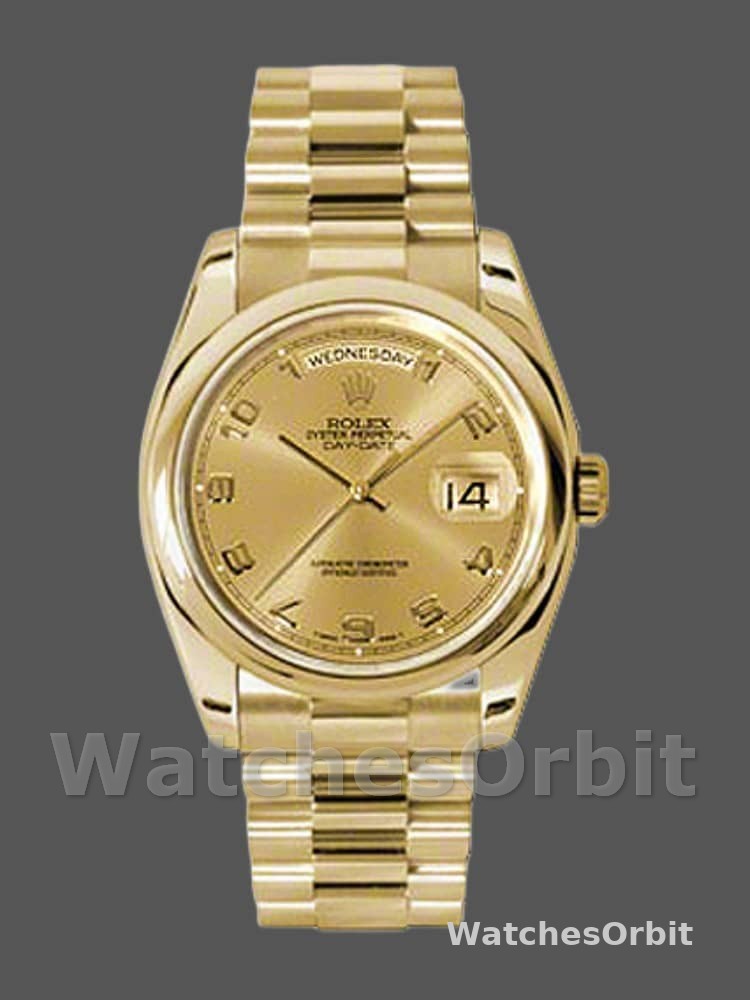Rolex Day-Date 118208 champagne dial Arabic Numeral Hour Markers yellow gold 36mm Unisex Replica Watch