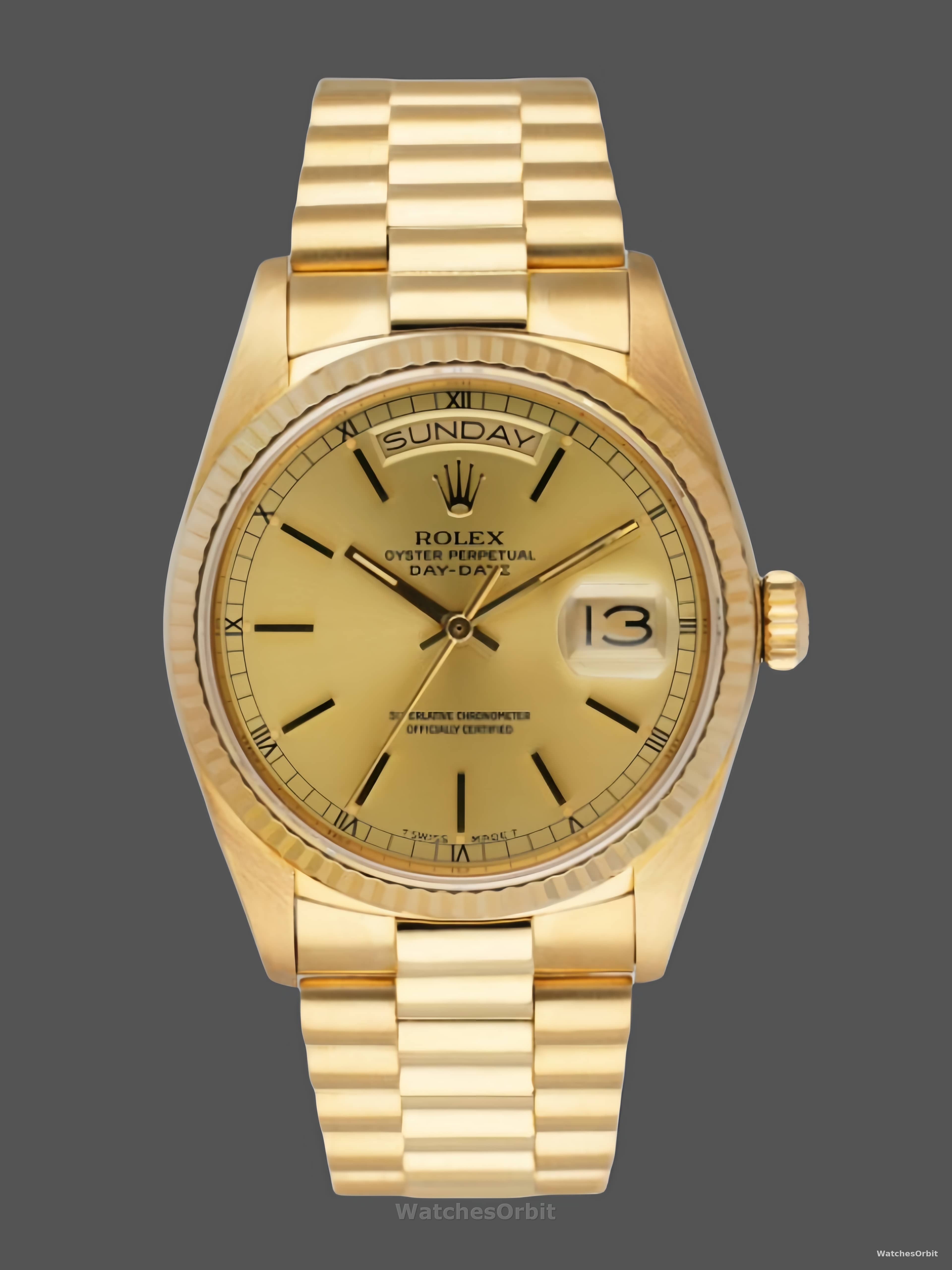 Rolex Day-Date 118208 champagne dial with gold indexes Yellow Gold 36mm Unisex Replica Watch